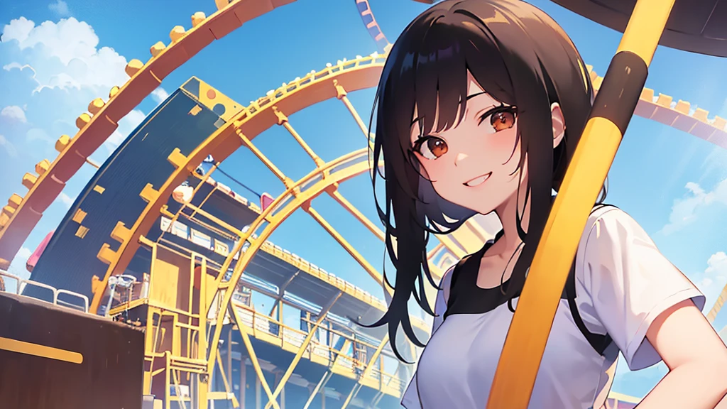 amusement park , One Girl , Black Hair , Long Hair , Brown eyes , smile , summer , Date , Cute Anime Girl