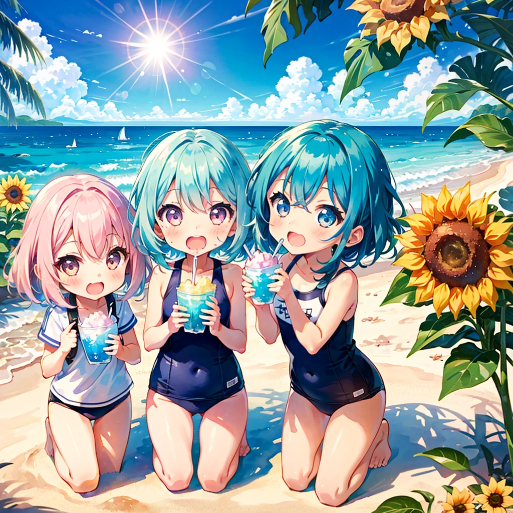 (trio: 1.3), (3 girls: 1.3), (chibi:1.5), summer beach, bright sun, colorful school swimsuit, eating shaved ice together, pouring, laughing, kawaii, comical, sunflower, pose, bright sun in the background, BREAK, eating shaved ice, ocean, watercolor, retouching, pastel colors, high quality, masterpiece