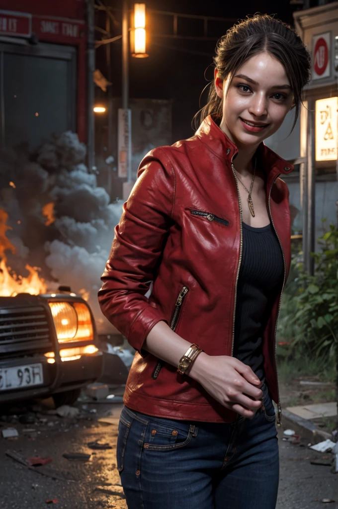 1girl, (realistic),(hyperrealism),(best quality),(masterpiece),(ultra high res),(photorealistic),idol,eye makeup,detailed eyes,detailed face,black dress, claireredfield2, brown hair, (red jacket:1.2), ponytail, (denim pants:1.3),,  red wristband,,  abandoned street, burning cars in background, littered street, smoke, chaos, zombie apocalypse, daytime, sunny,,  hands in pocket, looking at viewer, smiling, closeup shot