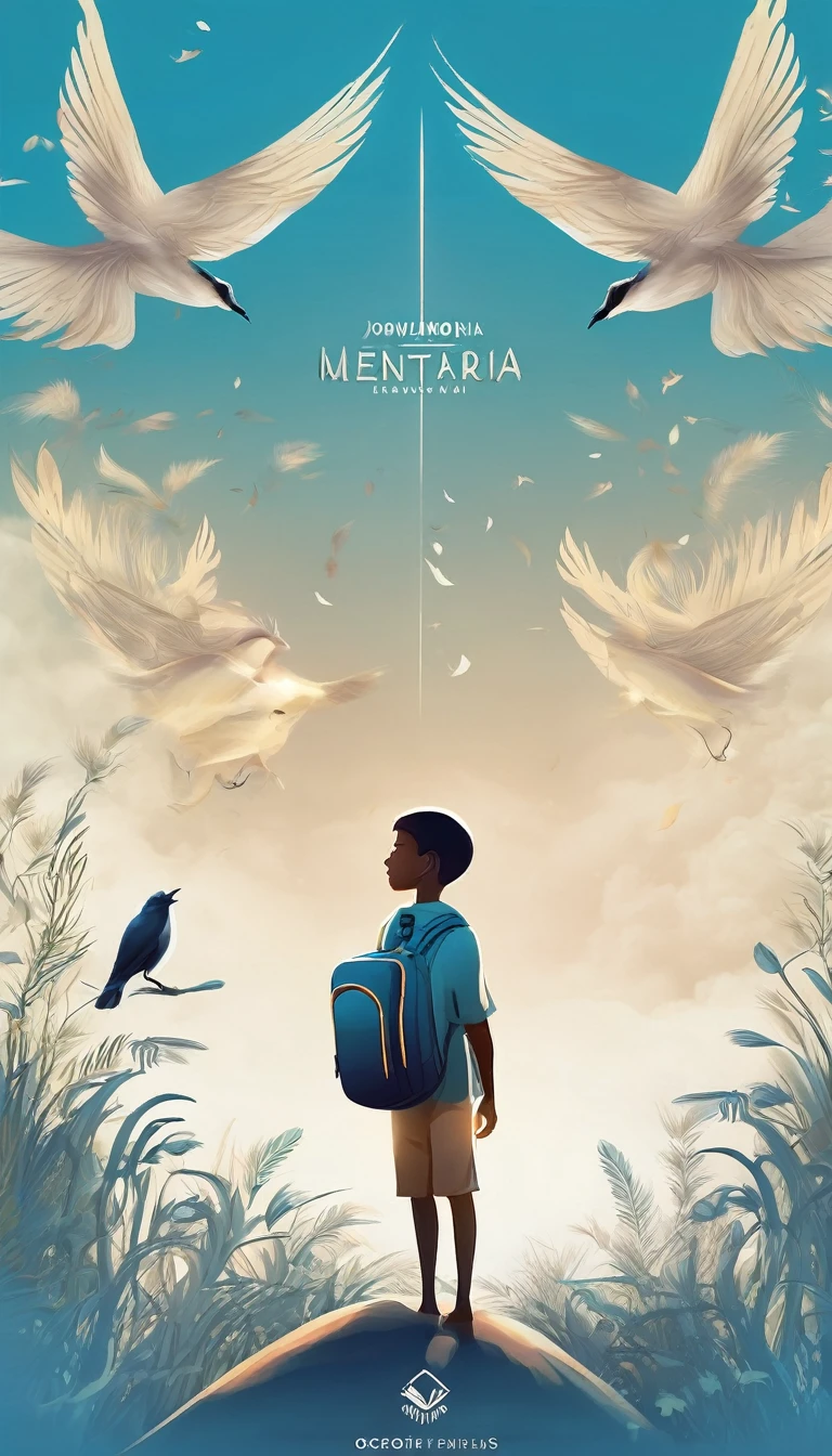 Create a professional, fantastic, cinematic dream-like Youtube Banner for a brand about music, stories, fantasy and dreams called " Penamemoria". Masterpiece, 4k, sharp focus, highest quality,wide shot. The title is " Penamemoria". Is a brand about the creative, unique journey of a boy into becoming a musician storyteller. In his journey he finds inspiration in a world of birds and feathers. Minimalistic, simple, poetic, dreamy logotype at the center of the image. The Background image is a world full of fantastic feathers, unique birds, light blue sky, soft white and light golden. Logo design of a face of a boy and a face of a feather