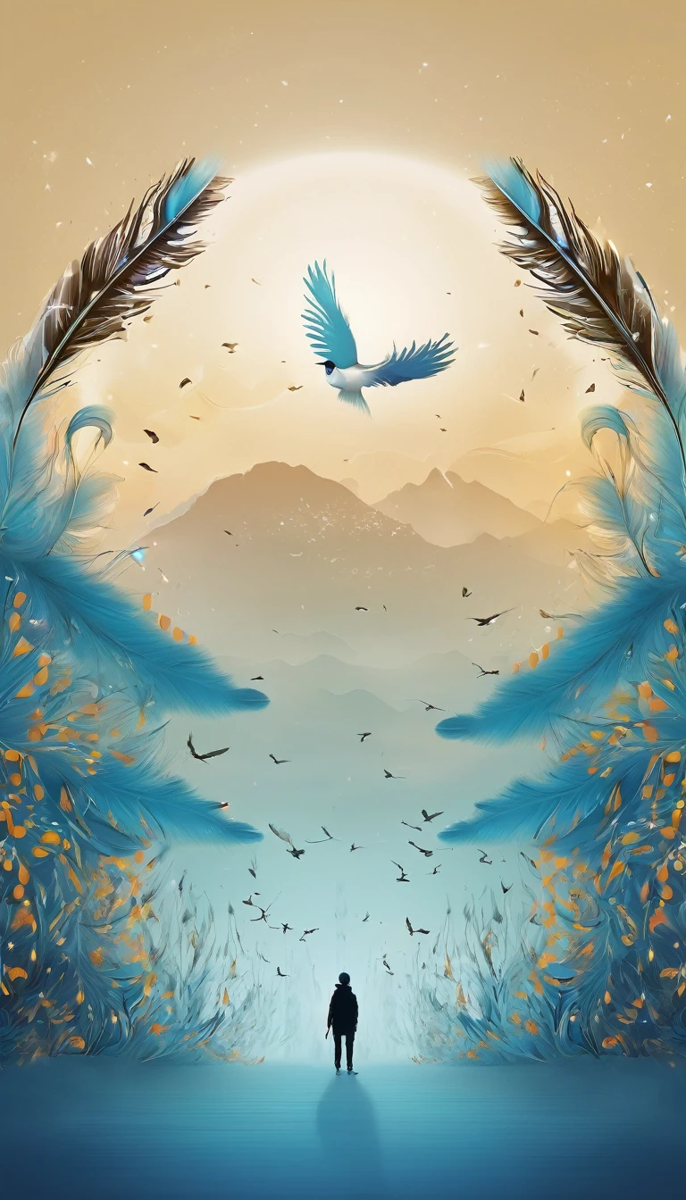 Create a professional, fantastic, cinematic dream-like Youtube Banner for a brand about music, stories, fantasy and dreams called " Penamemoria". Masterpiece, 4k, sharp focus, highest quality,wide shot. The title is " Penamemoria". Is a brand about the creative, unique journey of a boy into becoming a musician storyteller. In his journey he finds inspiration in a world of birds and feathers. Minimalistic, simple, poetic, dreamy logotype at the center of the image. The Background image is a world full of fantastic feathers, unique birds, light blue sky, soft white and light golden. Logo design of a face of a boy and a face of a feather