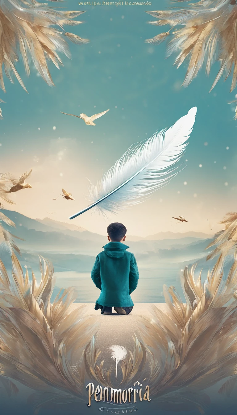 Create a professional, fantastic, cinematic dream-like Youtube Banner for a brand about music, stories, fantasy and dreams called " Penamemoria". Masterpiece, 4k, sharp focus, highest quality,wide shot. The title is " Penamemoria". Is a brand about the creative, unique journey of a boy into becoming a musician storyteller. In his journey he finds inspiration in a world of birds and feathers. Minimalistic, simple, poetic, dreamy logotype at the center of the image. The Background image is a world full of fantastic feathers, unique birds, light blue sky, soft white and light golden. Logo design of a face of a boy and a face of a feather