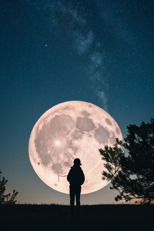 Highest quality,Big moon and shadow,A silhouette of a person can be seen against the backdrop of a large moon.,There is one full moon,There is a mood,Beautiful scenery,Starry Sky