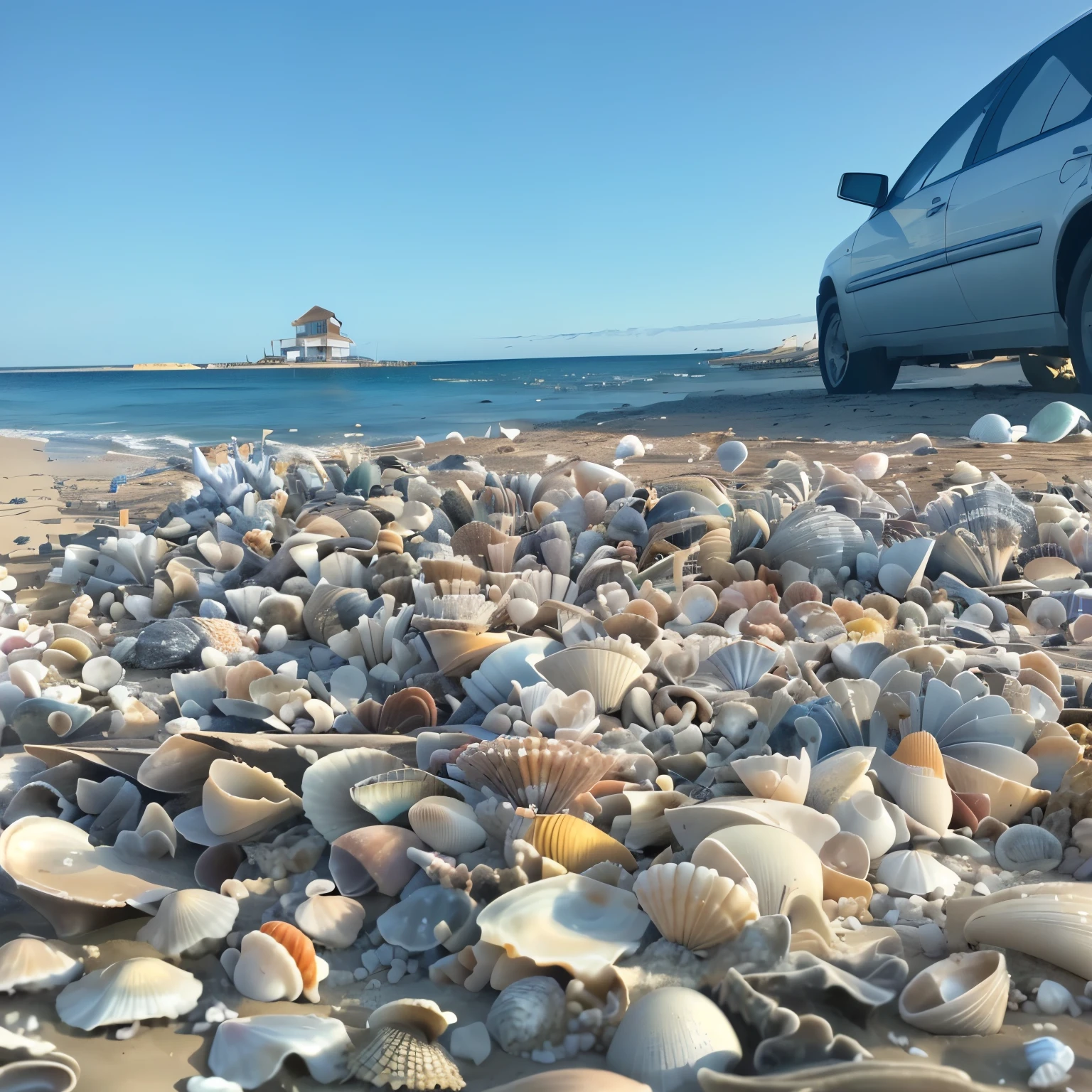 there is a car parked on the beach with shells all over it, shells, seashells, shells and barnacles, flat wastelands, beautiful high resolution, 1 6 x 1 6, Casa de shells marinas, lasts, slightly blurred, pearls and shells, a wide and complete plan, concha, exclusive, Wide medium shot, In a beachfront setting in autumn