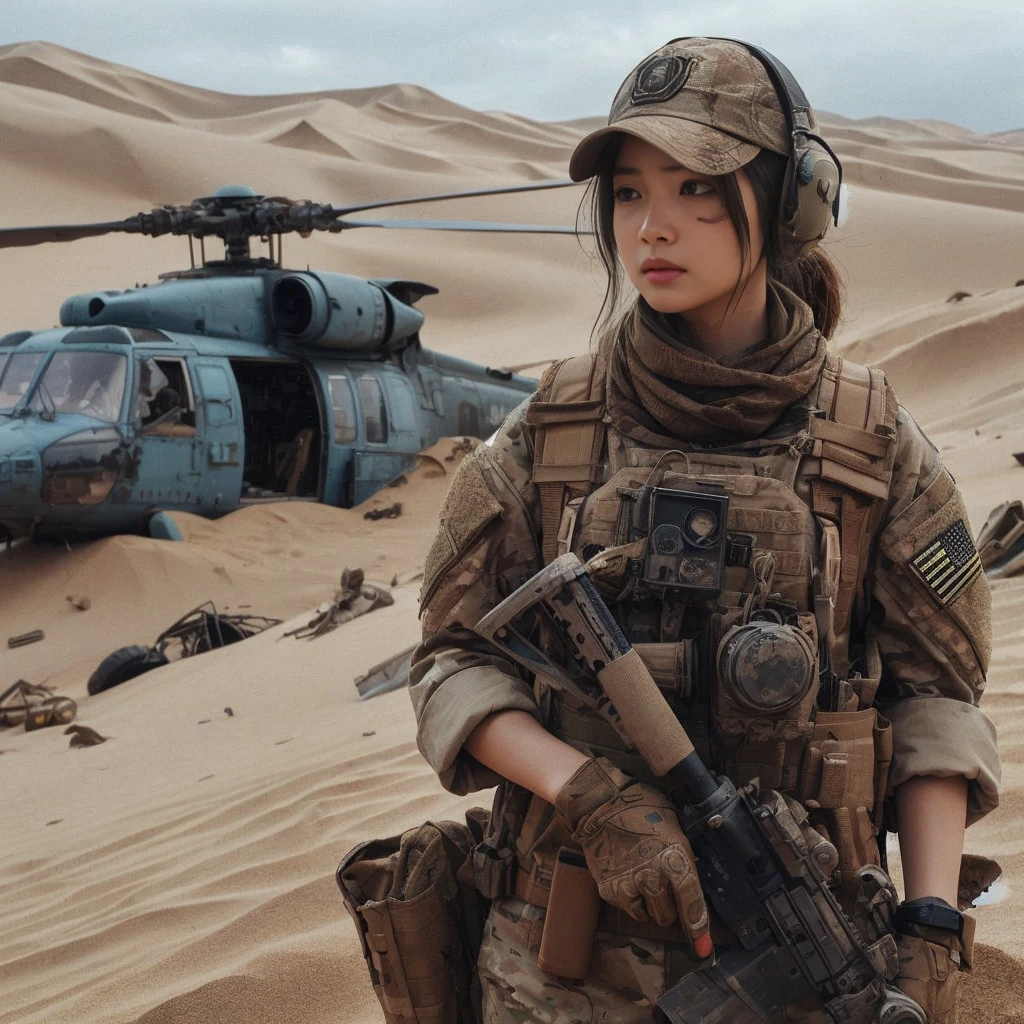 8K,Realistic Photo、Realistic Skin Texture、Superrealism、Japanese women serving in the U.S. military、Standing on a desert dune、Accurate equipment depiction、cap、They found the wrecked helicopter half buried in the sand.、Scattered debris