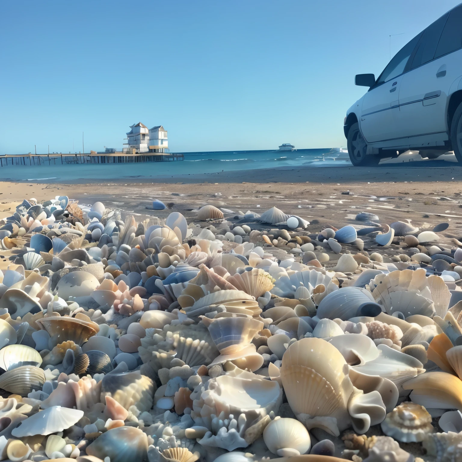 there is a car parked on the beach with shells all over it, shells, seashells, shells and barnacles, flat wastelands, beautiful high resolution, 1 6 x 1 6, Casa de shells marinas, lasts, slightly blurred, pearls and shells, a wide and complete plan, concha, exclusive, Wide medium shot, In a beachfront setting in autumn
