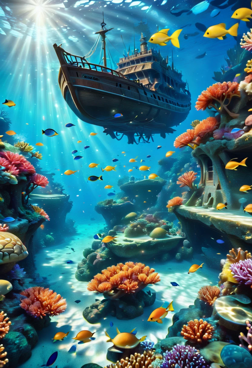 a beautiful detailed underwater scene with deep blue water, a variety of marine life, coral reefs, sunlight filtering through the water, schools of tropical fish, sea turtles swimming gracefully, bioluminescent plankton, a coral-encrusted shipwreck, realistic water simulation, stunning 8k resolution, cinematic lighting, vibrant colors, photorealistic, masterpiece, sharp focus, very detailed, hd realistic, lost castle 