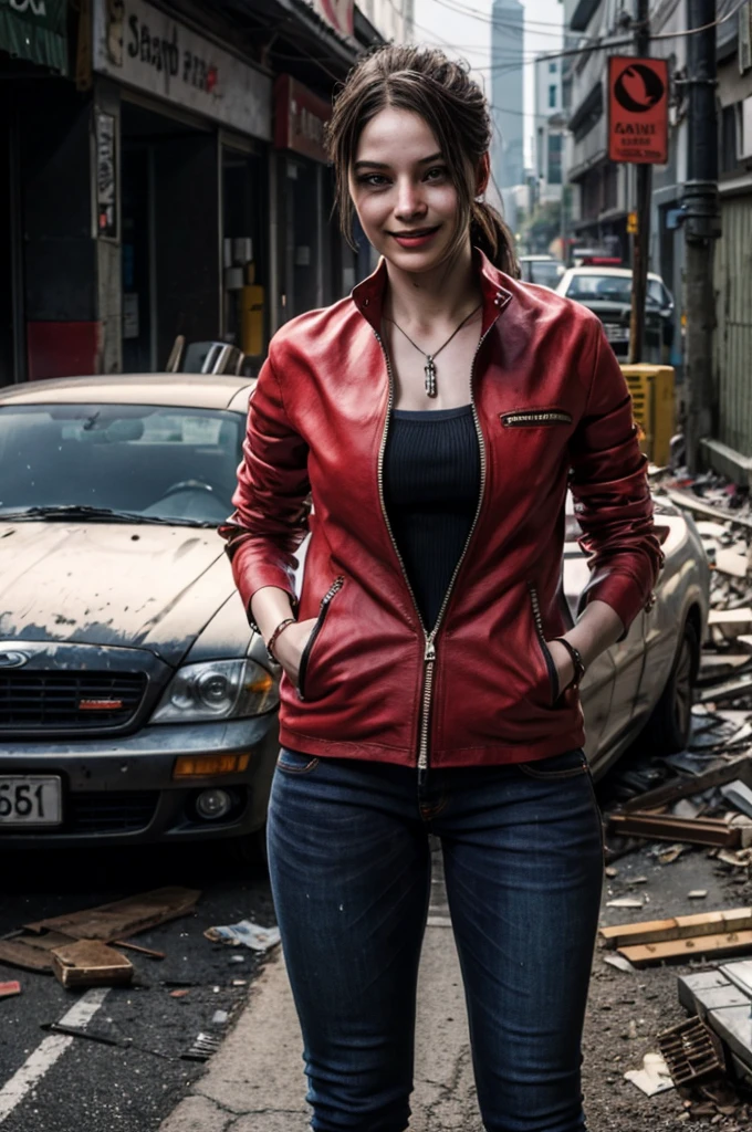 1girl, (realistic),(hyperrealism),(best quality),(masterpiece),(ultra high res),(photorealistic),idol,eye makeup,detailed eyes,detailed face,black dress, claireredfield2, brown hair, (red jacket:1.2), ponytail, (denim pants:1.3),, red wristband,, abandoned street, burning cars in background, littered street, smoke, chaos, zombie apocalypse, daytime, sunny,, hands in pocket, looking at viewer, smiling, closeup shot