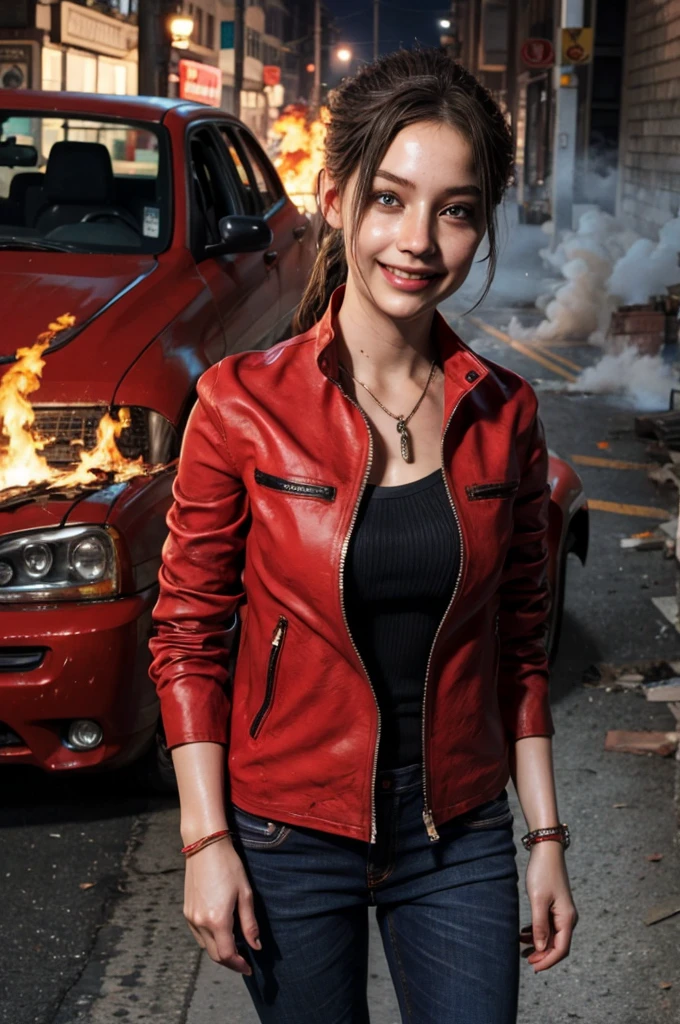 1girl, (realistic),(hyperrealism),(best quality),(masterpiece),(ultra high res),(photorealistic),idol,eye makeup,detailed eyes,detailed face,black dress, claireredfield2, brown hair, (red jacket:1.2), ponytail, (denim pants:1.3),, red wristband,, abandoned street, burning cars in background, littered street, smoke, chaos, zombie apocalypse, daytime, sunny,, hands in pocket, looking at viewer, smiling, closeup shot