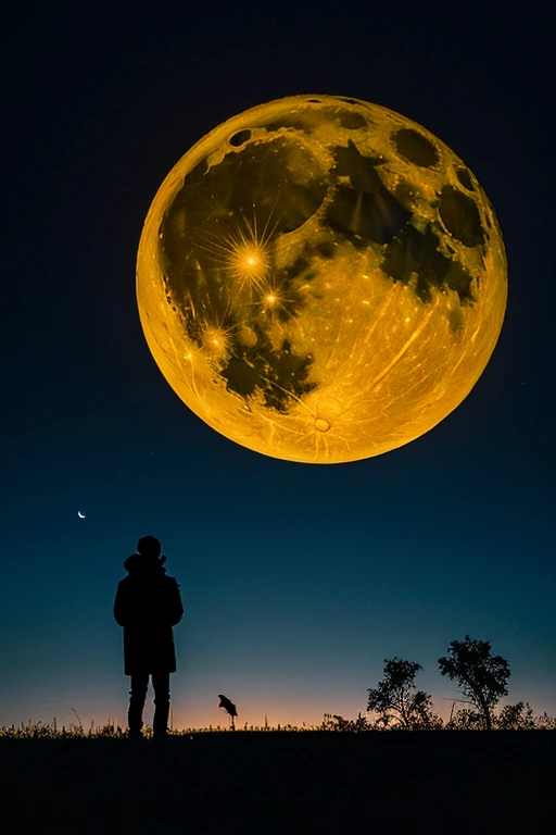 Highest quality,Big moon and shadow,A silhouette of a person can be seen against the backdrop of a large moon.,There is one full moon,There is a mood,Beautiful scenery,Starry Sky