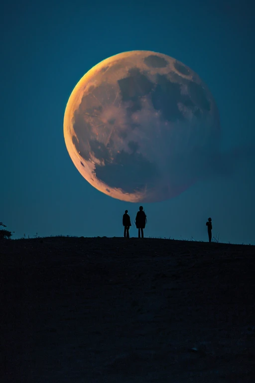 Highest quality,Big moon and shadow,A silhouette of a person can be seen against the backdrop of a large moon.,There is one full moon,There is a mood,Beautiful scenery,Starry Sky