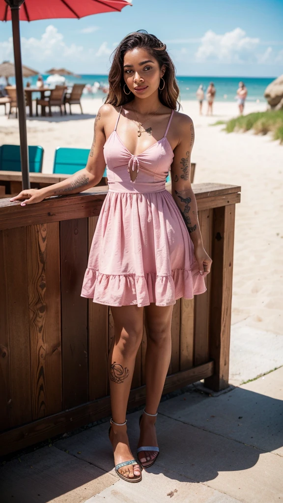 Brown skin woman in hipster underwear,brown skin at the beach, model posing,Brightly colored tattoos on arms and legs,(tattoo all:1.5),a woman in a dress and blazer posing for a picture, wearing in a summer dress, full body! pretty face, full body cute young lady, wearing a cute white dress, wearing a pink dress, full body picture, wearing dress, dressed in a pink dress, dressed in a flower dress, wearing sundress, katelynn mini cute style