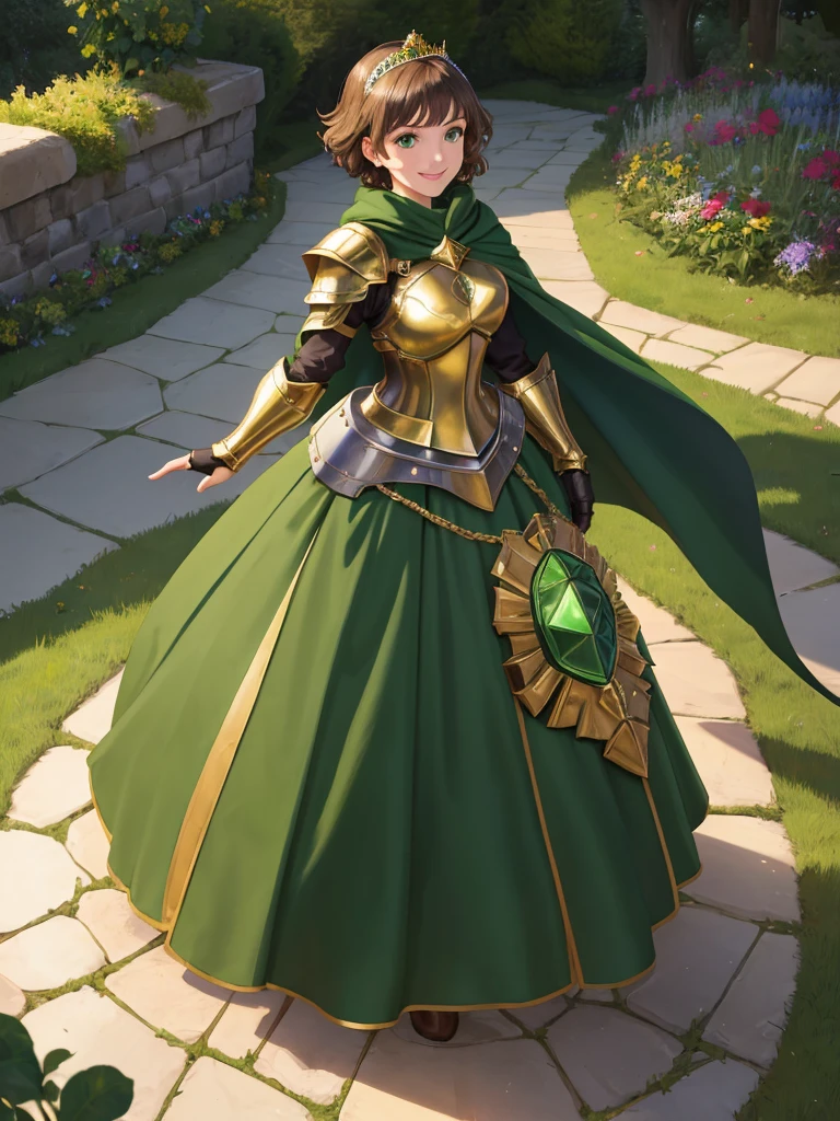 masterpiece, best quality:1.2), 1girl, smile, looking at viewer, green eyes, short brown hair, princess, armor, , pauldrons, armored dress, green cloak cape, wearing puffy blue ballgown skirt, golden tiara with green gem, armored boots, fingerless gloves, standing in medieval garden