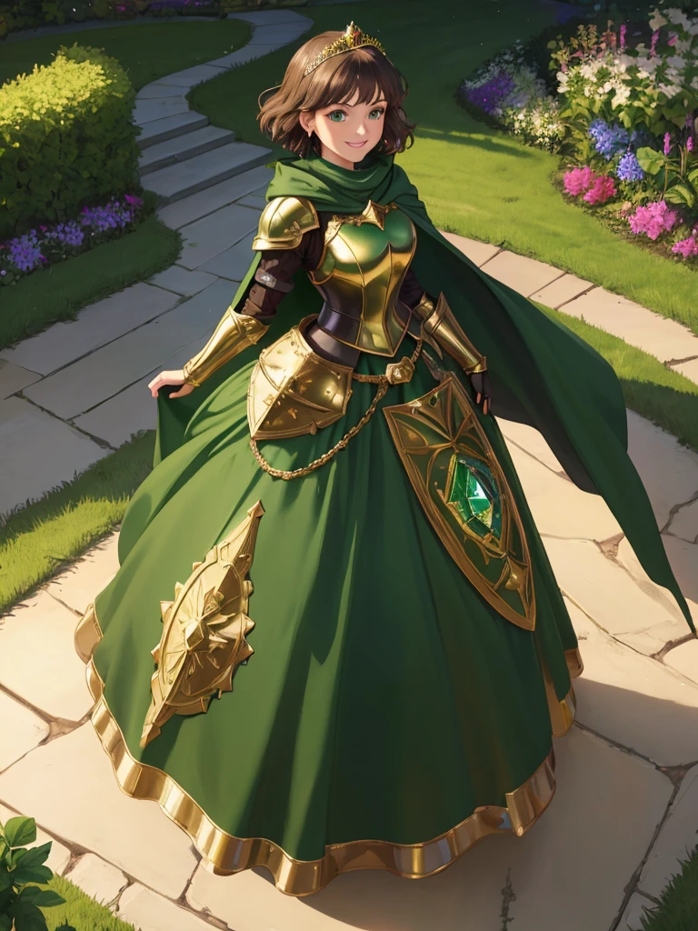 masterpiece, best quality:1.2), 1girl, smile, looking at viewer, green eyes, short brown hair, princess, armor, , pauldrons, armored dress, green cloak cape, wearing puffy blue ballgown skirt, golden tiara with green gem, armored boots, fingerless gloves, standing in medieval garden