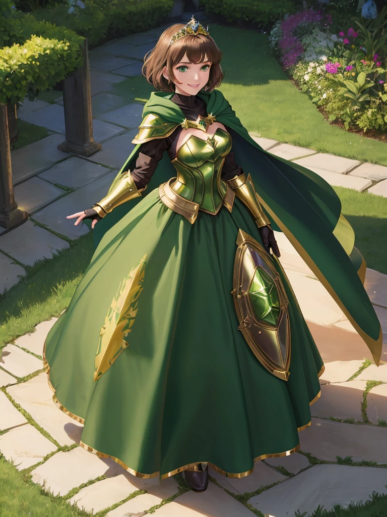 masterpiece, best quality:1.2), 1girl, smile, looking at viewer, green eyes, short brown hair, princess, armor, , pauldrons, armored dress, green cloak cape, wearing puffy blue ballgown skirt, golden tiara with green gem, armored boots, fingerless gloves, standing in medieval garden