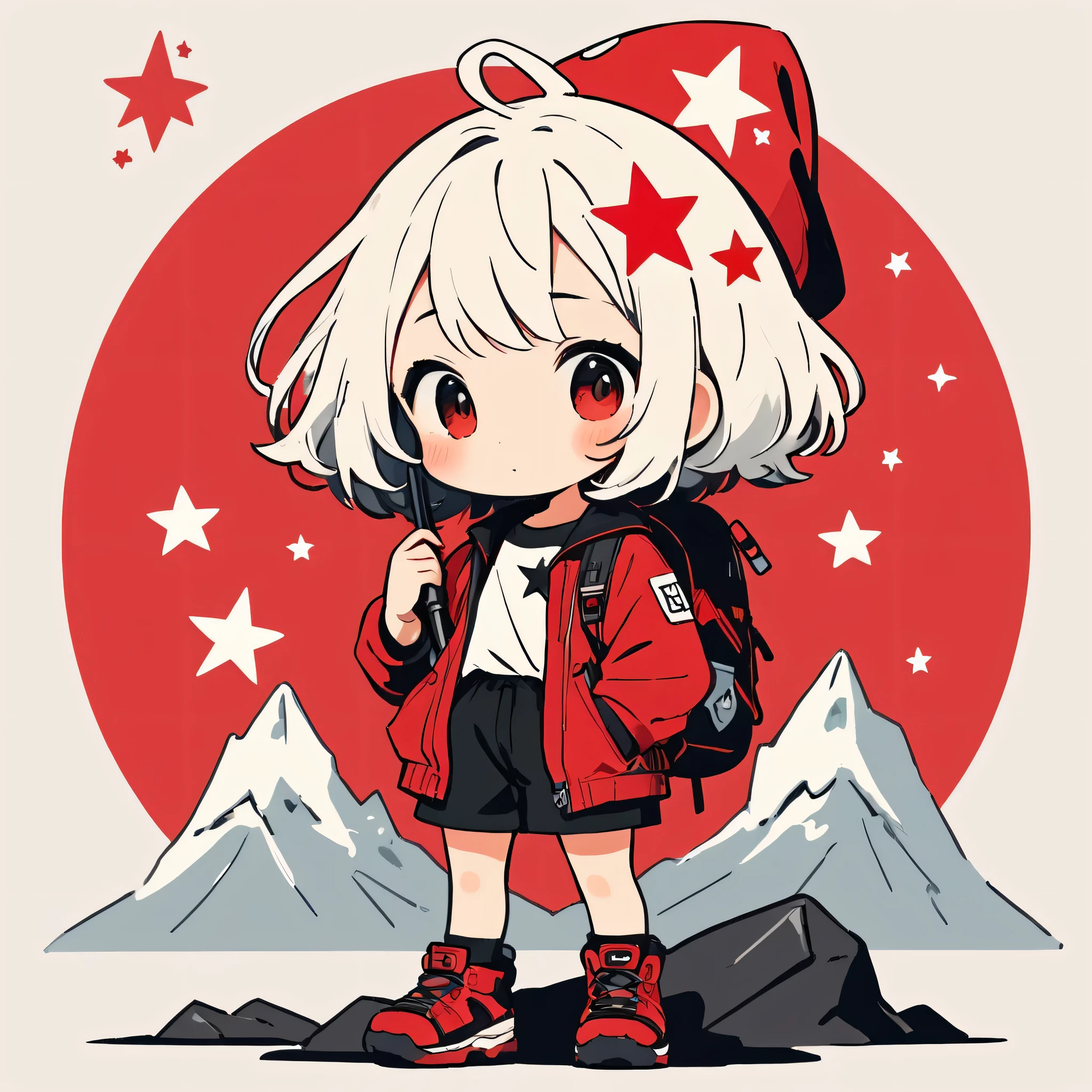 Black Star Red and White style, Simple Line Initialism，Abstract art，Kawaii Design, The most beautiful girl of all time、chibi, Mountaineering, summer