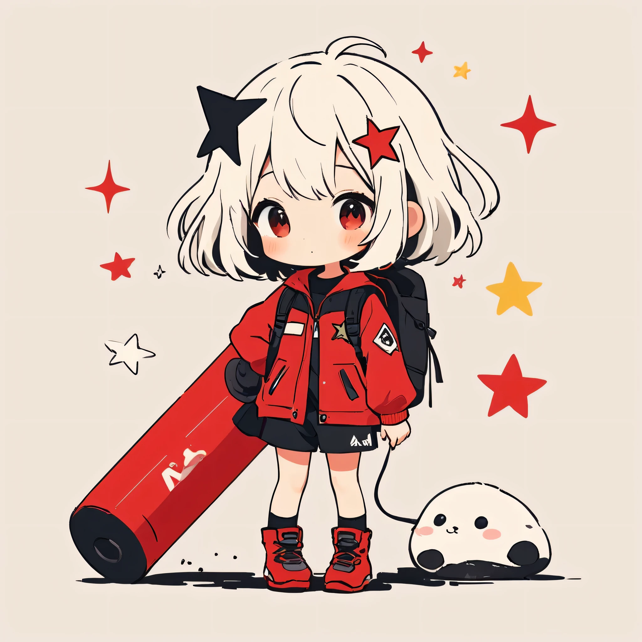 Black Star Red and White style, Simple Line Initialism，Abstract art，Kawaii Design, The most beautiful girl of all time、chibi, Mountaineering, summer