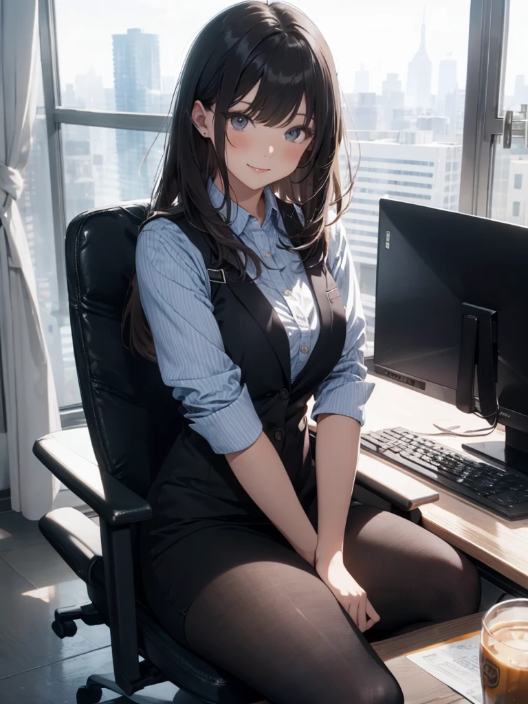 1lady sitting (crossed legs), office worker (stylish outfit), (gray vest) (pencil skirt), mature female, /(dark brown hair/) bangs, blush kind smile, (masterpiece best quality:1.2) delicate illustration ultra-detailed, large breasts, pantyhose BREAK (modern office indoors), window cityscape, detailed background