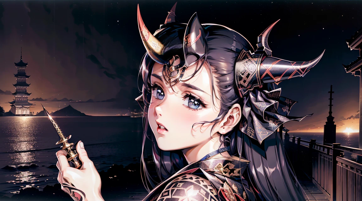 (Realistic:1.3), masterpiece, Highest quality, (Intricate details:1.2), (scenery:1.3), Beautiful Face, (Black Theme:1.3),
(((One girl, A girl wearing a patterned kimono and holding a dagger in her hand, (View Viewer:1.3), (Face Tattoos:1.2), Small demon horn,
))), whole body, Divide in half
