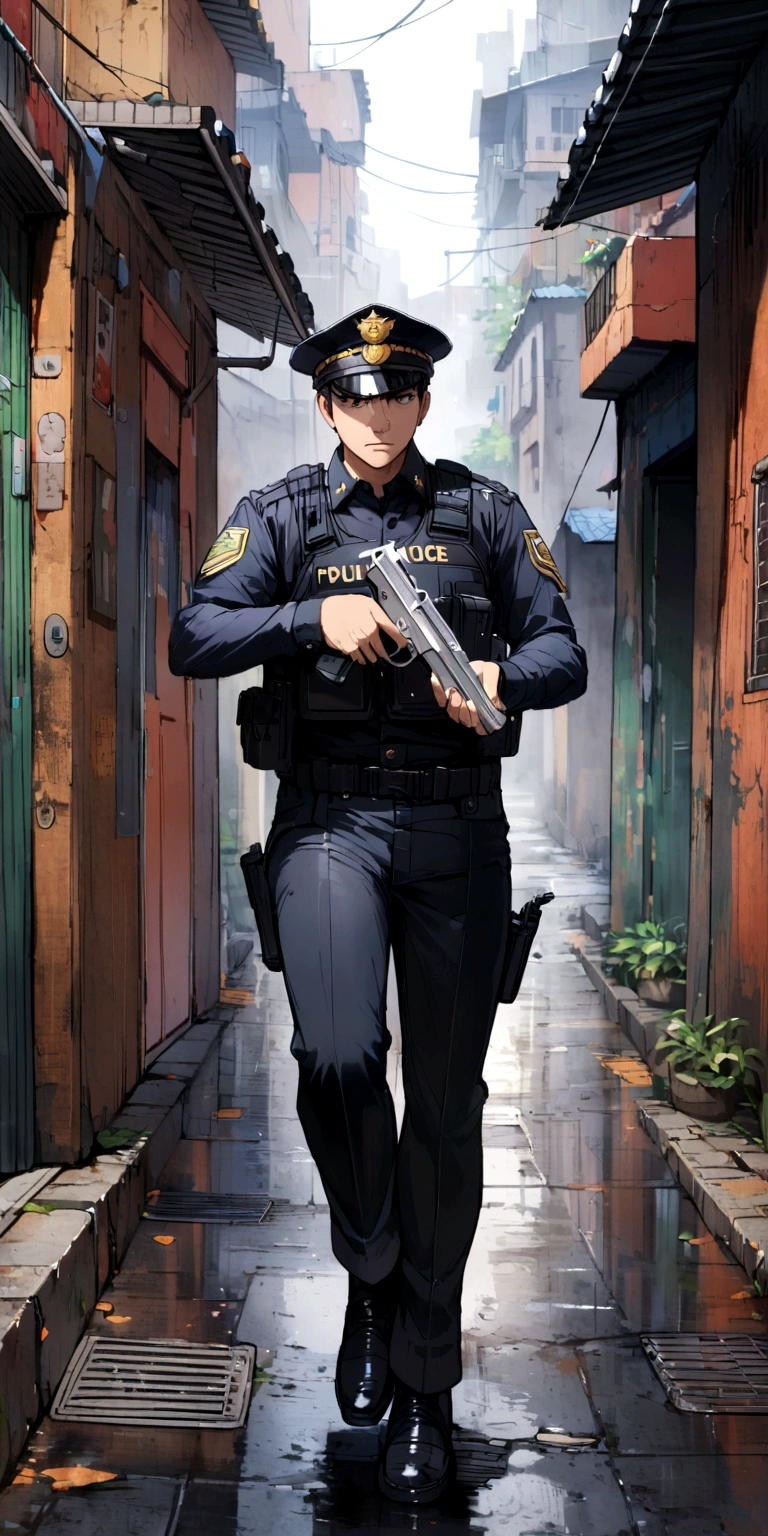 Police officer in black uniform in the favela holding a pistol in the rain