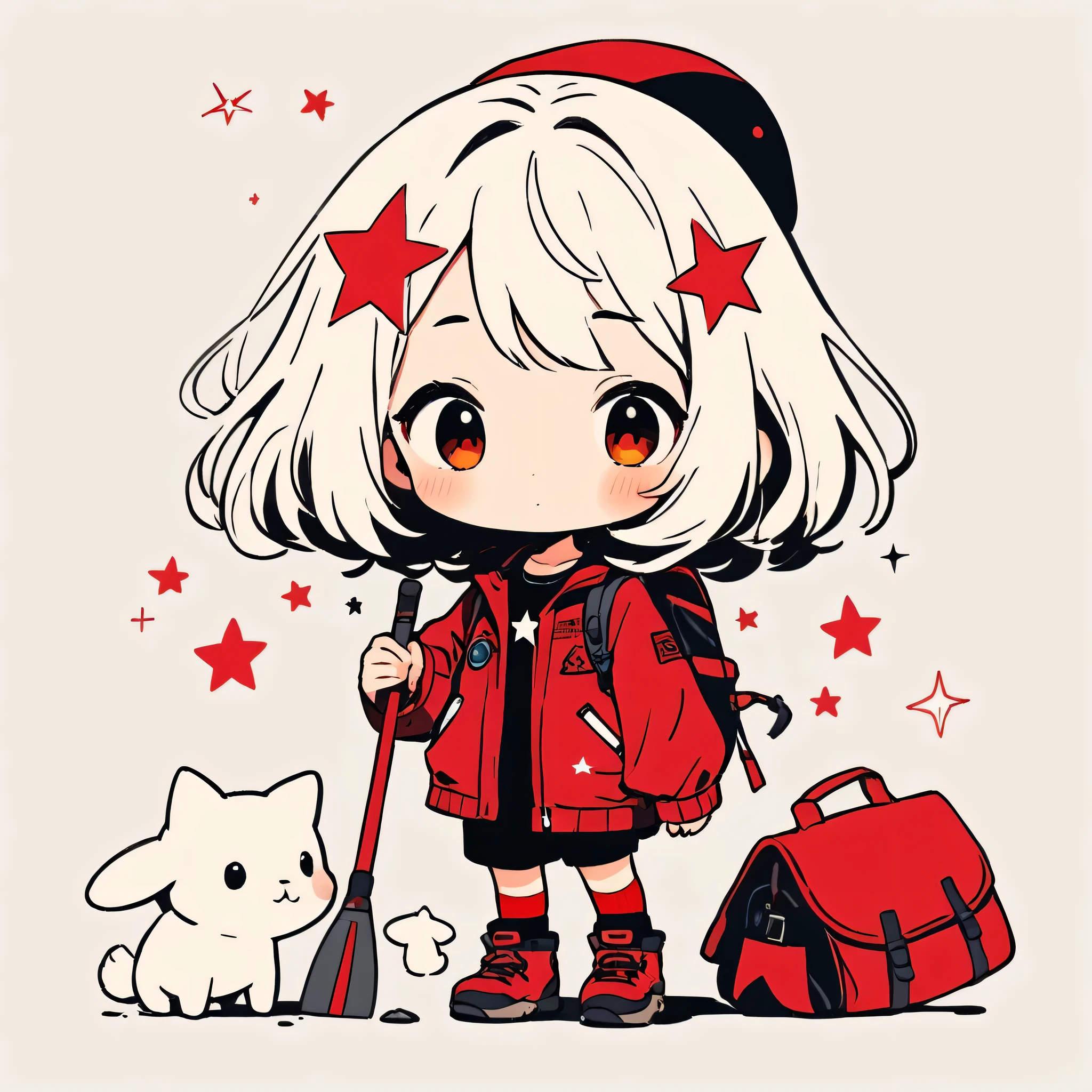 Black Star Red and White style, Simple Line Initialism,Abstract art,Kawaii Design, The most beautiful girl of all time、chibi, Mountaineering, summer