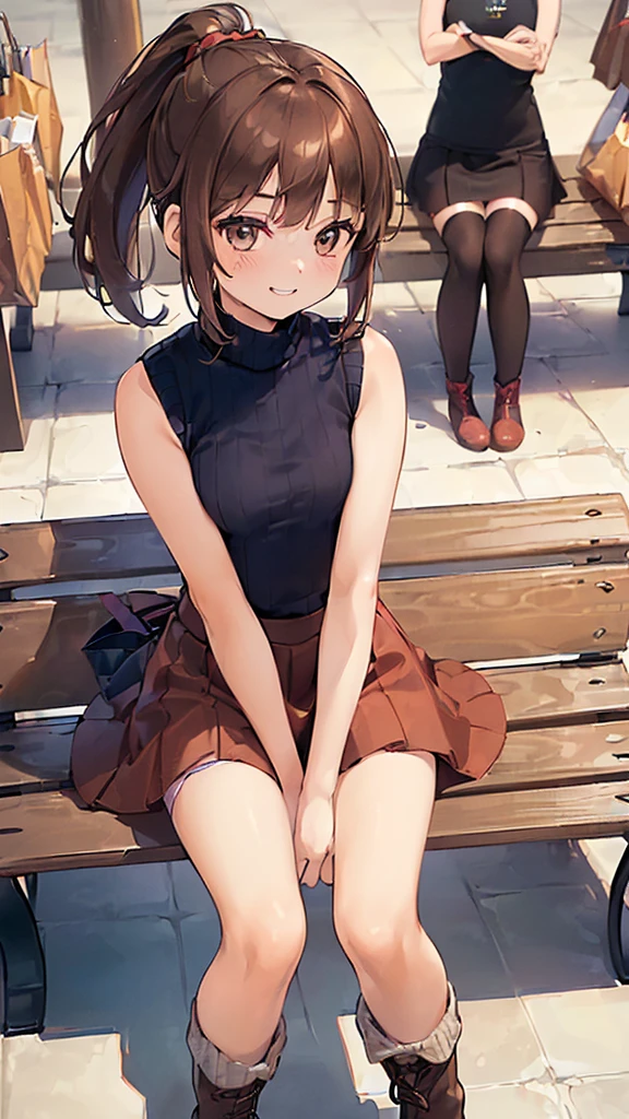 (masterpiece, top quality, high resolution, realistic photos, realistic looking skin:1.1),
(The woman is sitting on a bench in a shopping mall:1.8),
(She is sitting with her legs closed: 1.6),
(Please use a panty shot of a woman looking straight ahead:1.8),
(Grinning and smiling expression:1.5),
(She is wearing a navy sleeveless turtleneck knit:1.8),
(wearing a dark red flared mini-skirt:1.8),
(She is wearing middle boots in brown:1.8),
(Panties are a loud color pattern:1.2),
(brown hair in a middle ponytail:1.5),
(small face:1.5),
(Location: bench in shopping mall:1.5),
1 Japanese girl, solo, full-bodied esbian, beautiful eyes, sparkling eyes, NSFW