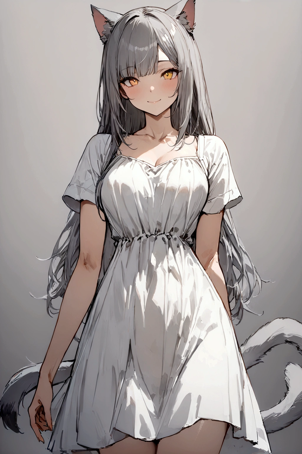 ((masterpiece)), ((best quality)), (from front, facing front:1.32), (close-up:1.2), (half-body shot:1.36), (side bangs hairstyle), perfect anatomy, 1girl, solo, adult cat girl, long gray straight hair, yellow round eyes, gray cat ears, a gray fluffy cat tail, short-sleeved loose white dress, smiling, looking at viewers