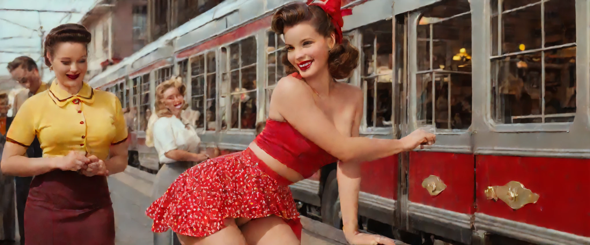 (Best Quality, 4K, 8K, High Resolution, Masterpiece:1.2), Ultra-Detailed, (Photo-Realistic:1.37), ((Best Quality)), ((Masterpiece)), (Detailed), ((Cailee Spaeny)), ((1950s Waitress)), ((Fully Nude)), ((Full Body Length)), 1950s Makeup and Hairstyle, ((Crowded 1950s tramway station with lots of bright red yellows and chrome in the décor)), ((nude)), ((big and hips)), ((small waist)), ((classic 1950s pin-up figure, standing in a relaxed pose)), ((long eyelashes)), cheesecake smile with pretty dimples, ((rosy cheeks)), Bobbi-socks, perfect, well-defined eyes, perfect teeth, ((well-drawn hands)), ((NSFW)), completely naked, In front of camera 2 females, upskirting longs legs, ((on a bright sunny street))