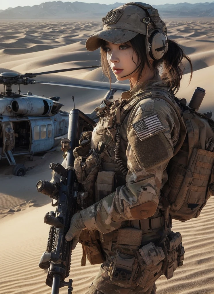 8K,Realistic Photo、Realistic Skin Texture、Superrealism、Japanese women serving in the U.S. military、Standing on a desert dune、Accurate equipment depiction、cap、They found the wrecked helicopter half buried in the sand.、Scattered debris