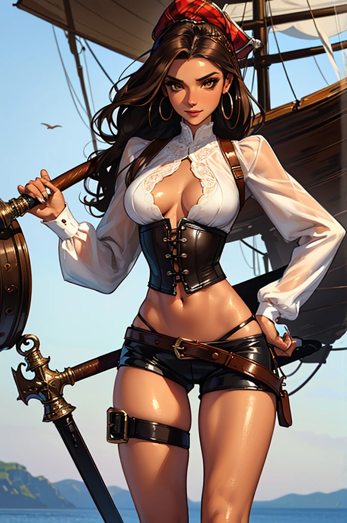 (masterpiece), best quality, expressive eyes, perfect face, (pirate ship background), (standing), (smirk), (closeup view), (1girl, vanessa alessia, dark skin, tanned skin, brown hair, wavy hairstyle, brown eyes, hourglass figure, thin body, skinny body, petite_body, medium breasts, thick thighs, long fingernails, brown plaid head wrap, white front lace blouse, long sleeve, loose fit, brown leather corset, brown leather shorts, brown boots, sheathed cutlass sword, flintlock pistol in holster, hoop earrings, miscellaneous jewelry),  big breasts, stripping, elegant makeup, exhibitionism, naked in public, , slim thighs, toned body, shiny skin, sexy pose, s, narrow hips, wearing high hip thong and see-through top, amber eyes