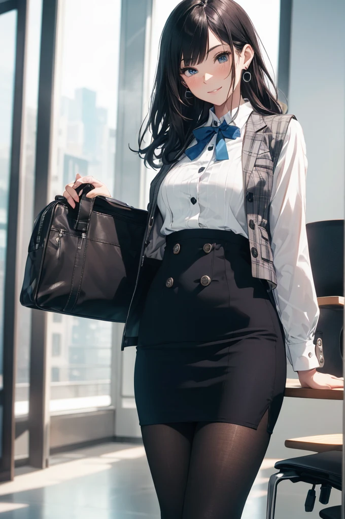 ((((1ladyl,))))  (masterpiece), (realistic), (best quality), (ultra-detailed),  amazing 30 years old wife,  pantyshot, long brown hair, office lady, Wearing a pink plaid vest, White short sleeved shirt, Gray pencil skirt, Wear stiletto heels, Necklace, earrings,  Cute face, Smile, Blushing, Shyness, Glass wall, Ultra Detail, Realistic, Front view, Whole body, (wearing in [[white and gray check pattern]] Vest worn over white collared long-sleeved shirt:1.4), (gray vest with buttons:1.2), (Pink Theme:1.2), (blue ribbon ribbon:1.3), (Black theme:1.4), (Tight black pencil skirt:1.5), ((Brown pantyhose)), (high-heels:1.1),longskirt,office desk, office chair,Lulubre Unity 8K Wallpaper, Beautiful background, clearly, Best Quality, The highest resolution, Best aesthetic,extremely detailed CG unity 8k,