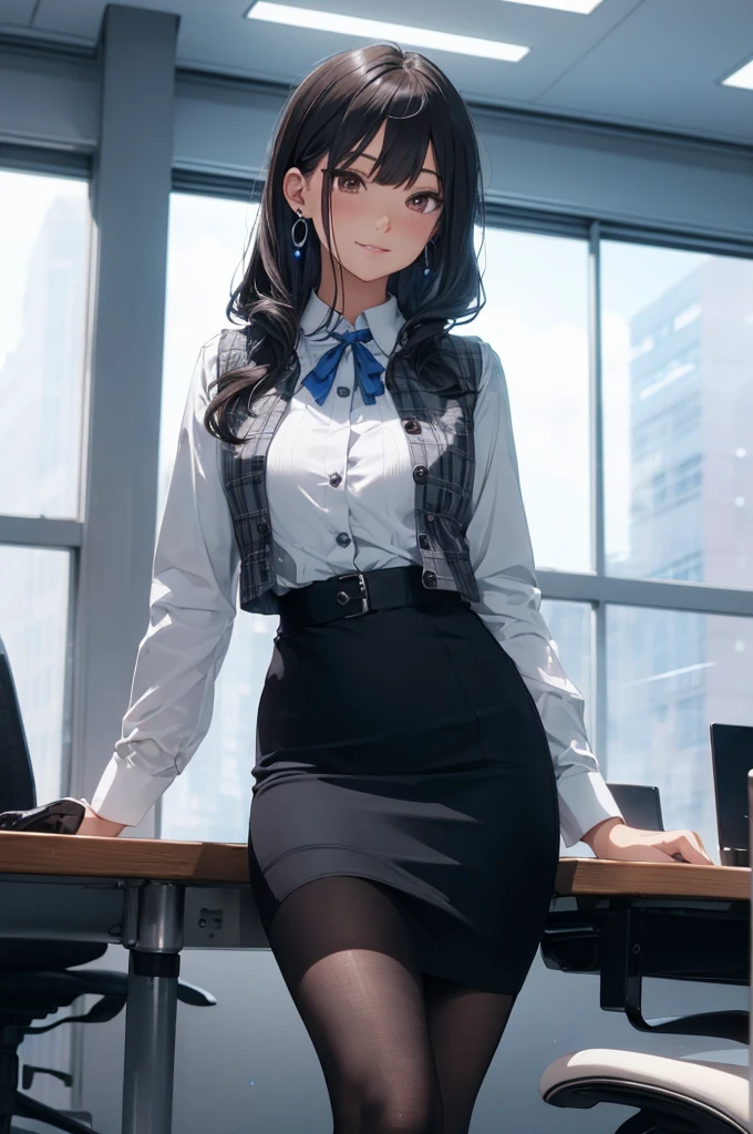 ((((1ladyl,))))  (masterpiece), (realistic), (best quality), (ultra-detailed),  amazing 30 years old wife,  pantyshot, long brown hair, office lady, Wearing a pink plaid vest, White short sleeved shirt, Gray pencil skirt, Wear stiletto heels, Necklace, earrings,  Cute face, Smile, Blushing, Shyness, Glass wall, Ultra Detail, Realistic, Front view, Whole body, (wearing in [[white and gray check pattern]] Vest worn over white collared long-sleeved shirt:1.4), (gray vest with buttons:1.2), (Pink Theme:1.2), (blue ribbon ribbon:1.3), (Black theme:1.4), (Tight black pencil skirt:1.5), ((Brown pantyhose)), (high-heels:1.1),longskirt,office desk, office chair,Lulubre Unity 8K Wallpaper, Beautiful background, clearly, Best Quality, The highest resolution, Best aesthetic,extremely detailed CG unity 8k,