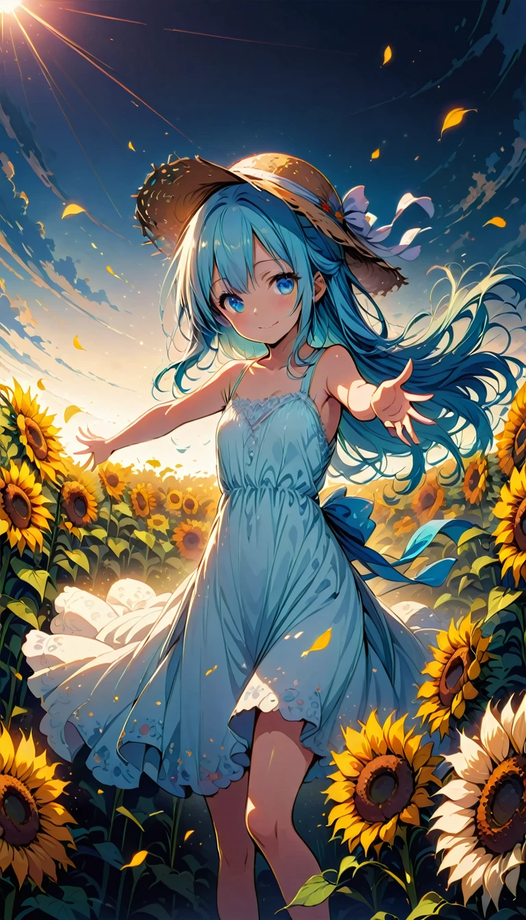 masterpiece, best quality, extremely detailed, (illustration, official art:1.1), 1 girl ,(((( light blue long hair)))), ,(((( light blue long hair)))),light blue hair, , long hair ((blush)) , cute face, big eyes, masterpiece, best quality,(((((a very delicate and beautiful girl))))),Amazing,beautiful detailed eyes,blunt bangs((((little delicate girl)))),tareme(true beautiful:1.2), sense of depth,dynamic angle,,,, affectionate smile, (true beautiful:1.2),,(tiny 1girl model:1.2),)(flat chest), (((1 girl)),1girl, (full body), early teens, A field of sunflowers spreading all over、 (straw hat white one piece dress, background is sunflower field),floating dress, in the sun, A faint smile,Looking at the audience, wind, Dynamic, Strong light and shadow,Dynamic pose,,((( got his hands outstretched, )))Petals are dancing in the wind,sunflower_background,(((Illustration))), ,Opaque clothing
