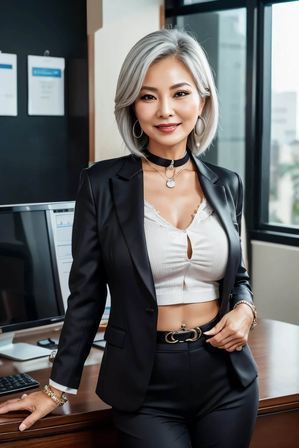 Woman in a business suit　66 years old　mom　milf　Chinese Lady　large earring　Big choker　navel piercing decoration　A bracelet　Silver Hair　realisitic　Gorgeous Madame Beautiful Mature Woman　sexly　Smile　Gentle woman navel piercing　４K　High quality office　computer　boss　president　Heavy chest　Gorgeous Madame Beautiful Mature Woman