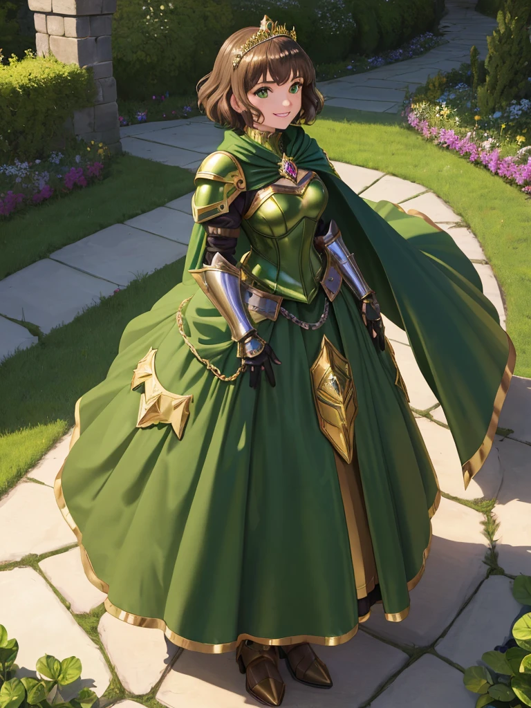 masterpiece, best quality:1.2), 1girl, smile, looking at viewer, green eyes, short brown hair, princess, armor, , pauldrons, armored dress, green cloak cape, wearing puffy blue ballgown skirt, golden tiara with green gem, armored boots, fingerless gloves, standing in medieval garden