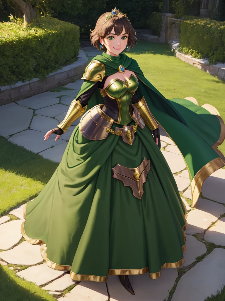 masterpiece, best quality:1.2), 1girl, smile, looking at viewer, green eyes, short brown hair, princess, armor, , pauldrons, armored dress, green cloak cape, wearing puffy blue ballgown skirt, golden tiara with green gem, armored boots, fingerless gloves, standing in medieval garden