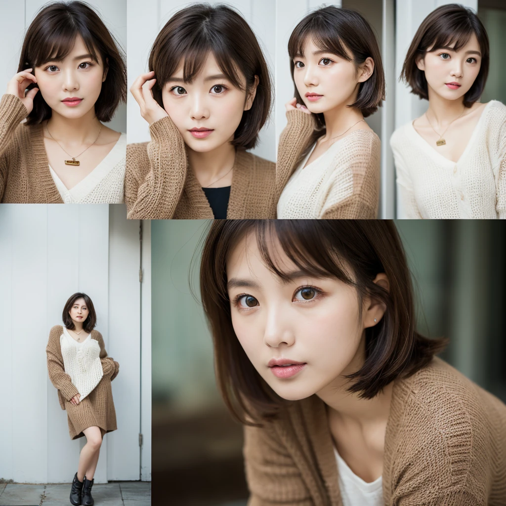 ((Tabletop,Highest quality)), (Like the picture:1.4),((Tabletop,8K))、White wall、(White Room)、((Full body photo))、Photographed in natural light、Highly detailed face and skin texture、Highly detailed lips、The correct state of the human body、Ultra-high resolution、(Photorealistic:1.4)、Highest quality, One beautiful woman, 38 years old, s, 150mm lens、Light Yellow Knit、(Dark brown medium short hair)、Japanese women、(Dark brown hair)、Various poses、Looking into the camera、Natural color lip、Winter clothes、 necklace、indoor