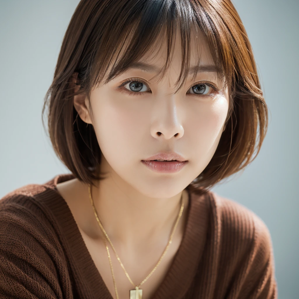 ((Tabletop,Highest quality)), (Like the picture:1.4),((Tabletop,8K))、White wall、(White Room)、((Full body photo))、Photographed in natural light、Highly detailed face and skin texture、Highly detailed lips、The correct state of the human body、Ultra-high resolution、(Photorealistic:1.4)、Highest quality, One beautiful woman, 38 years old, s, 150mm lens、Light Yellow Knit、(Dark brown medium short hair)、Japanese women、(Dark brown hair)、Various poses、Looking into the camera、Natural color lip、Winter clothes、 necklace、indoor