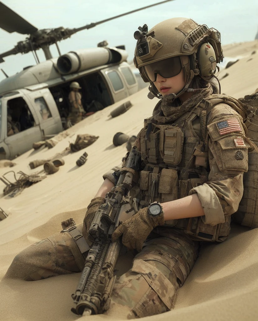 8K,Realistic Photo、Realistic Skin Texture、Superrealism、Japanese women serving in the U.S. military、Standing on a desert dune、Accurate equipment depiction、cap、They found the wrecked helicopter half buried in the sand.、Scattered debris