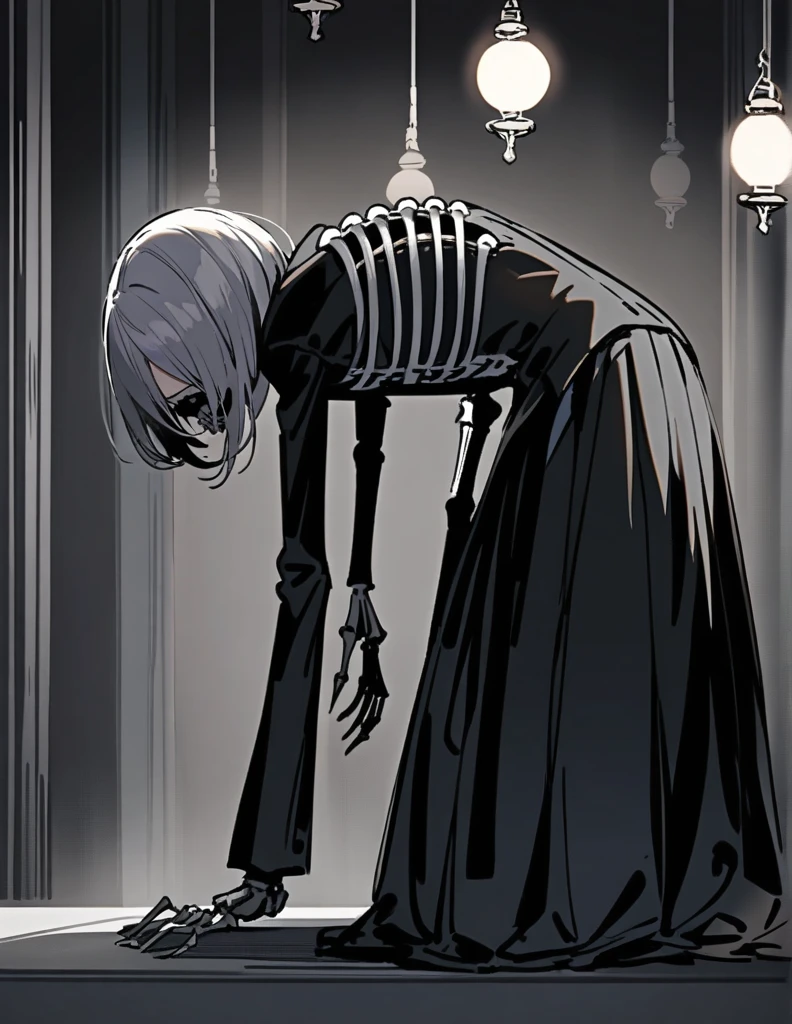 a skeleton butler, wearing a female toothpick, in a bowing pose, in a large gray room with light fixtures