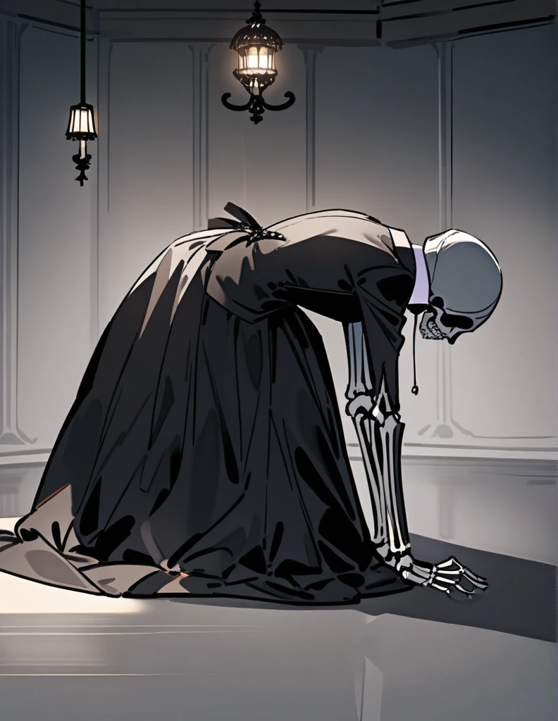 a skeleton butler, wearing a female toothpick, in a bowing pose, in a large gray room with light fixtures