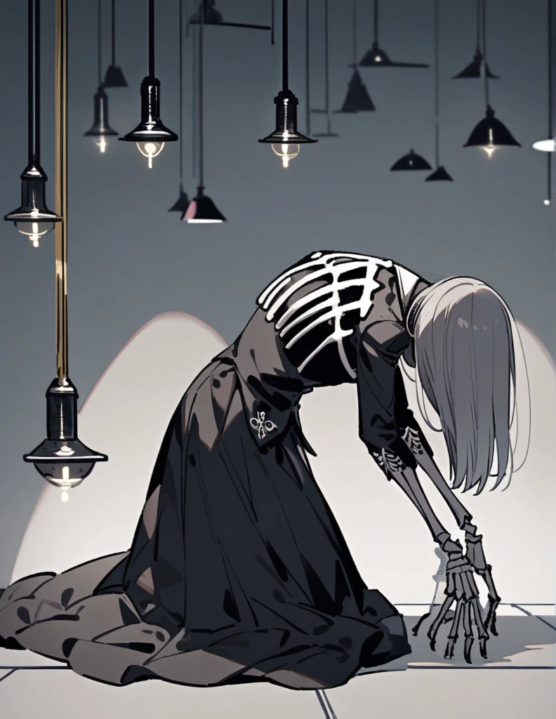 a skeleton butler, wearing a female toothpick, in a bowing pose, in a large gray room with light fixtures