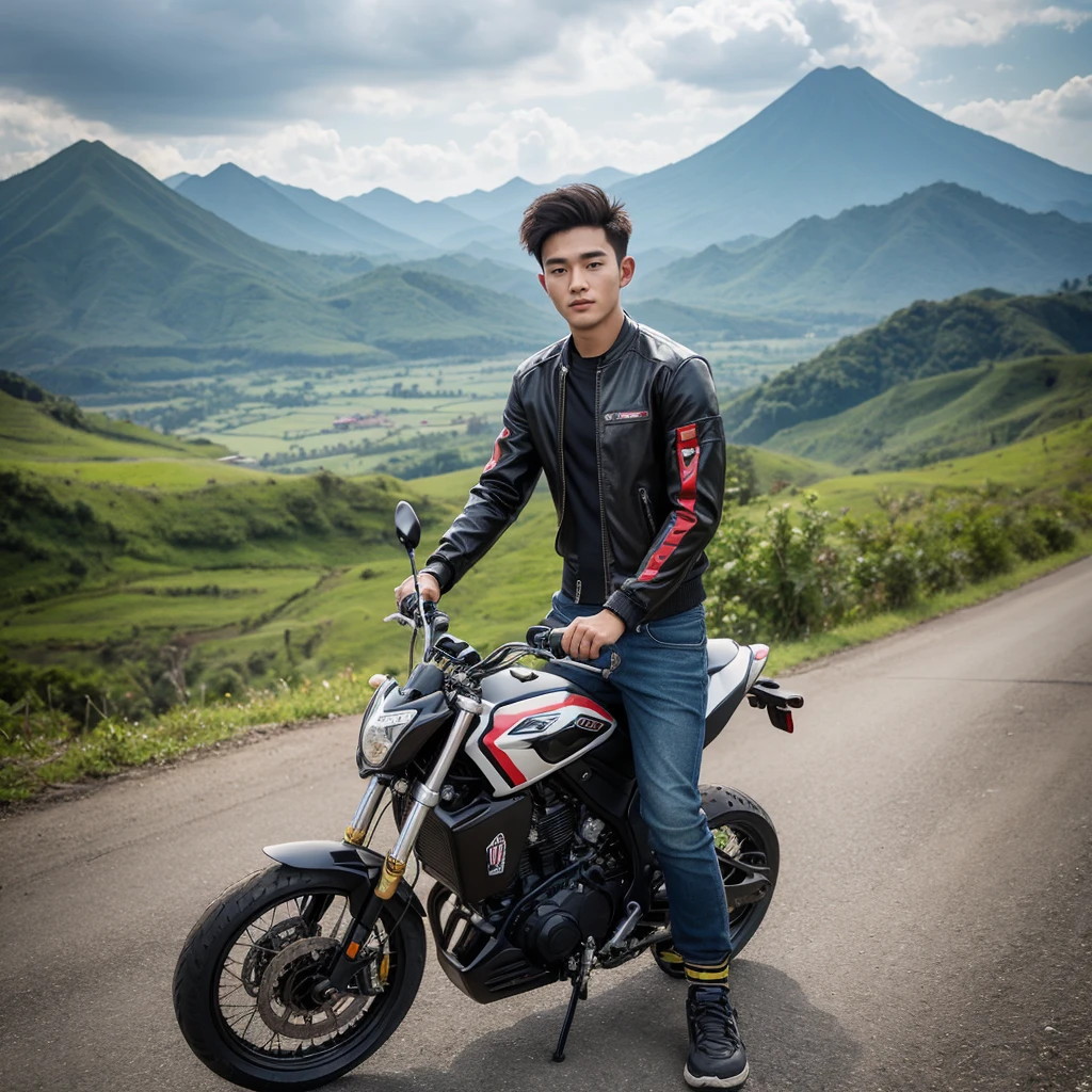 handsome young man, Korean, 20 years old, Wearing fashionable clothes, riding a modified sports motorbike, There is Mount Sindoro Indonesia in the background, and there is a motorbike, photo, portrait photography
