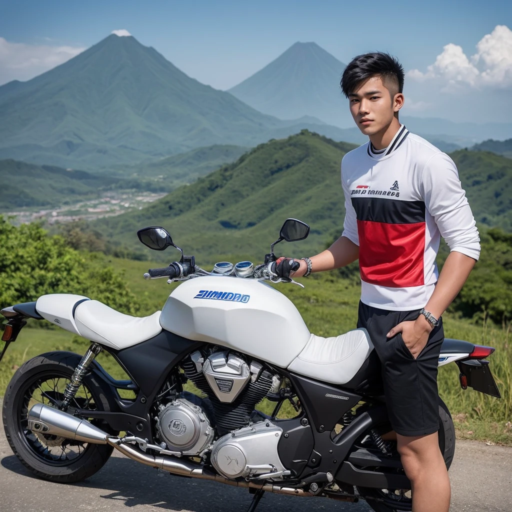 handsome young man, Korean, 20 years old, Wearing fashionable clothes, riding a modified sports motorbike, There is Mount Sindoro Indonesia in the background, and there is a motorbike, photo, portrait photography
