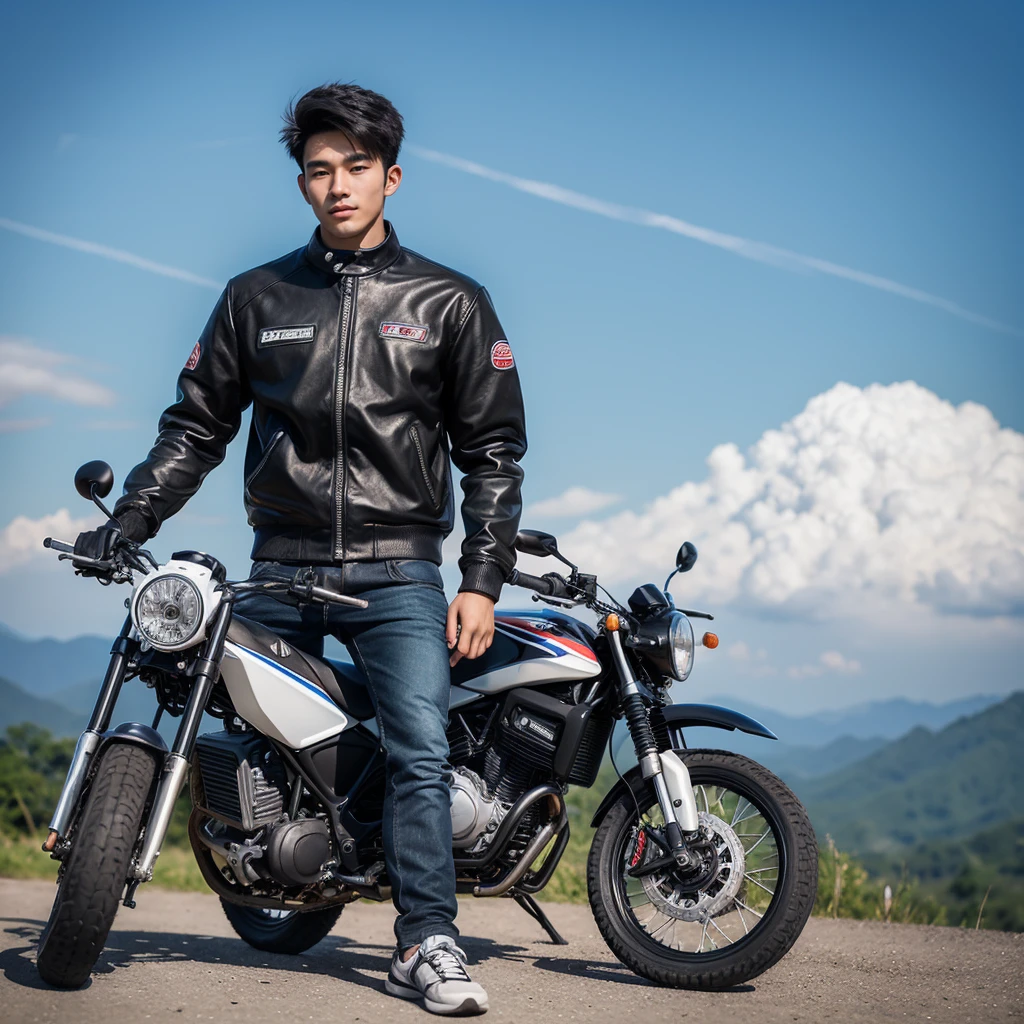 handsome young man, Korean, 20 years old, Wearing fashionable clothes, riding a modified sports motorbike, There is Mount Sindoro Indonesia in the background, and there is a motorbike, photo, portrait photography