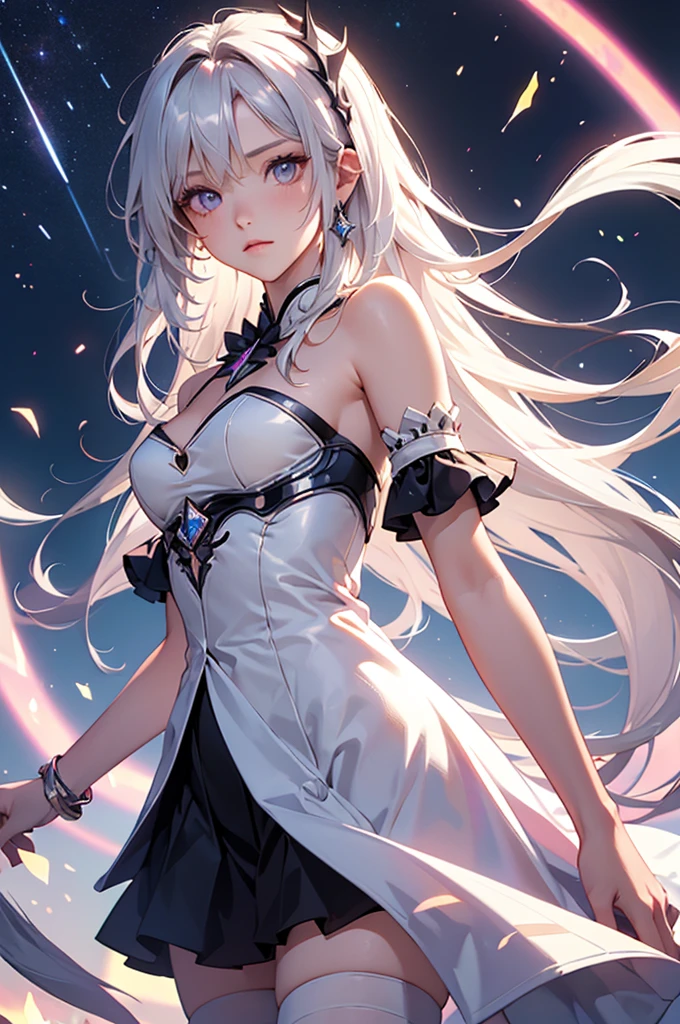 (masterpiece:1.5, Highest quality, Very detailed、 Dutch Angle、Realistic、Fantasy)(One girl, alone)(White and beautiful hair:1.4,,Straight Long Hair)(White based dress, zettai ryouiki)、((medium breasts))(from side)(Beautiful starry sky、Mystical Night、Particles of light float around the woman、Fantasyな空間)Kiana Kaslana
