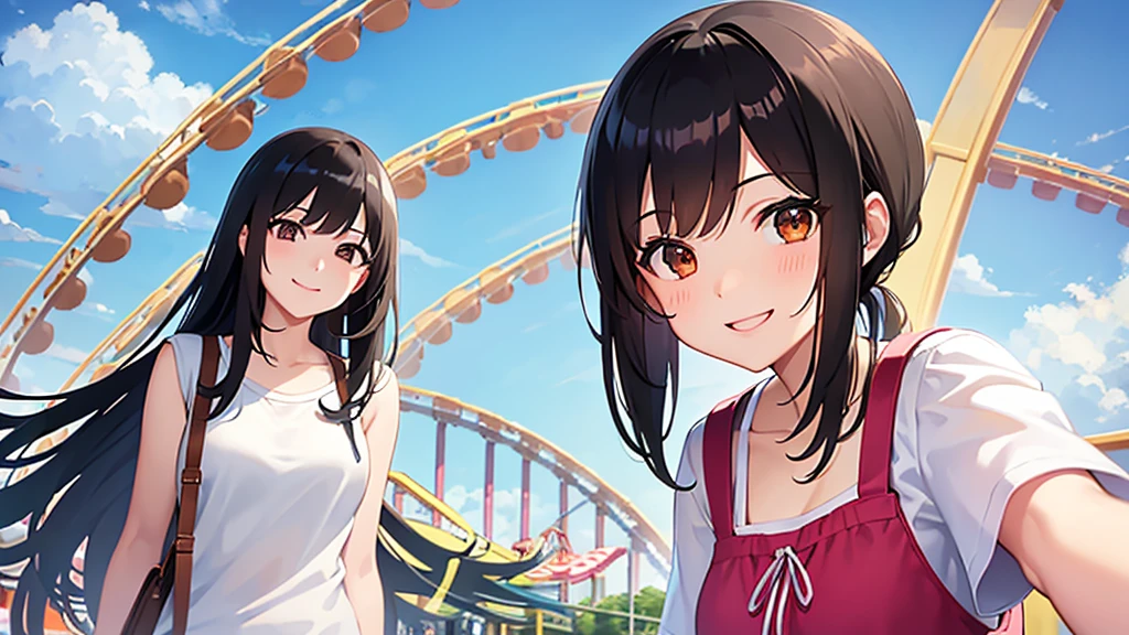 amusement park , One Girl , Black Hair , Long Hair , Brown eyes , smile , summer , Date , Cute Anime Girl