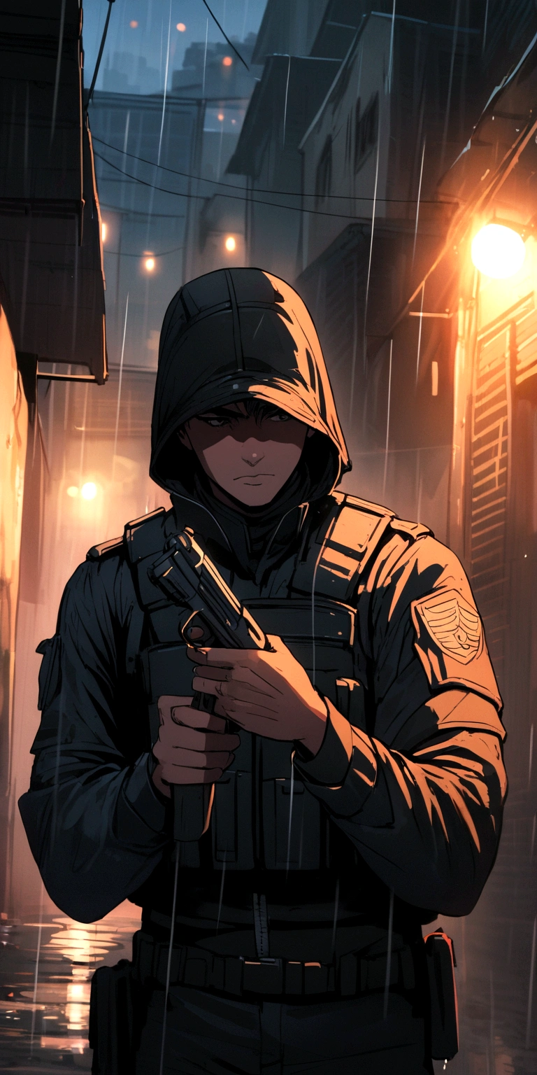 Police officer in black uniform without cap in the favela holding a pistol in the rain