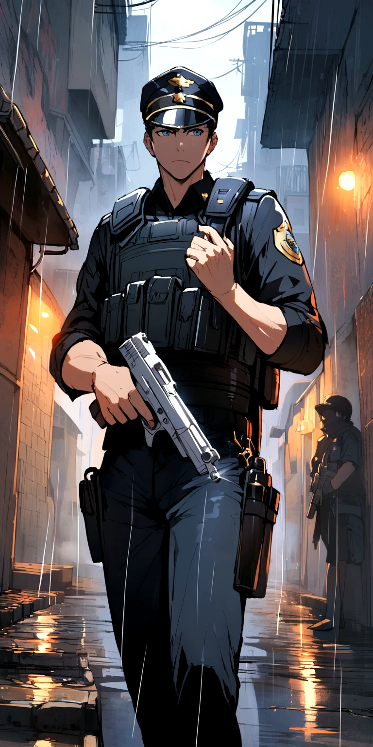 Police officer in black uniform without cap in the favela holding a pistol in the rain