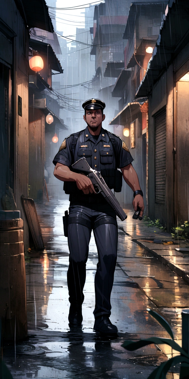 Police officer in black uniform without cap in the favela holding a pistol in the rain